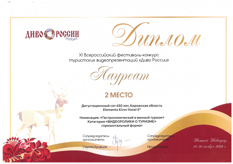 Diploma for II place in the nomination "Gastronomic and wine tourism" (project "Tasting set 650 years")